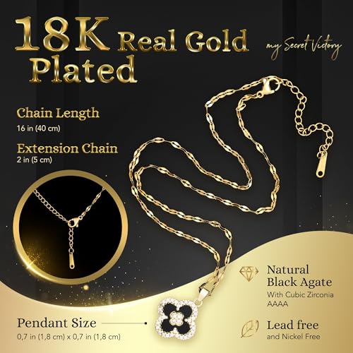 Four Leaf Clover Pendant Necklaces for Women 18K Gold Plated Multi Color: Mother of Pearl, Black Agate & Cubic Zirconia/Dainty Lucky Clover Necklace Perfect for Any Occasion4