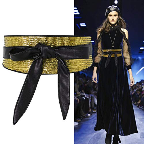 shengweiao Women's Sequin Faux Leather Self Tie Wrap Obi Waist Belt (Gold)3