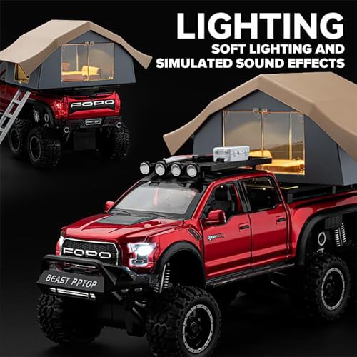 Image of 1:28 Scale Ford Raptor F-150 Raptor Camping RV Toy Car | Metal Pullback Diecast Car for Kids with Openable Doors, Sound, Light Effects Toy for Car (Color As Per Available)