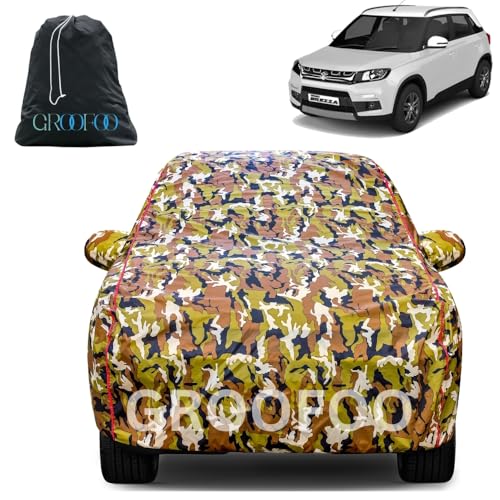 Image of GROOFOO Car Cover Compatible with Maruti Suzuki Brezza | Camouflage, Waterproof, Dustproof, UV Protection | Military Jungle Design | Custom Fit, Triple Stitched | All Weather Body Cover