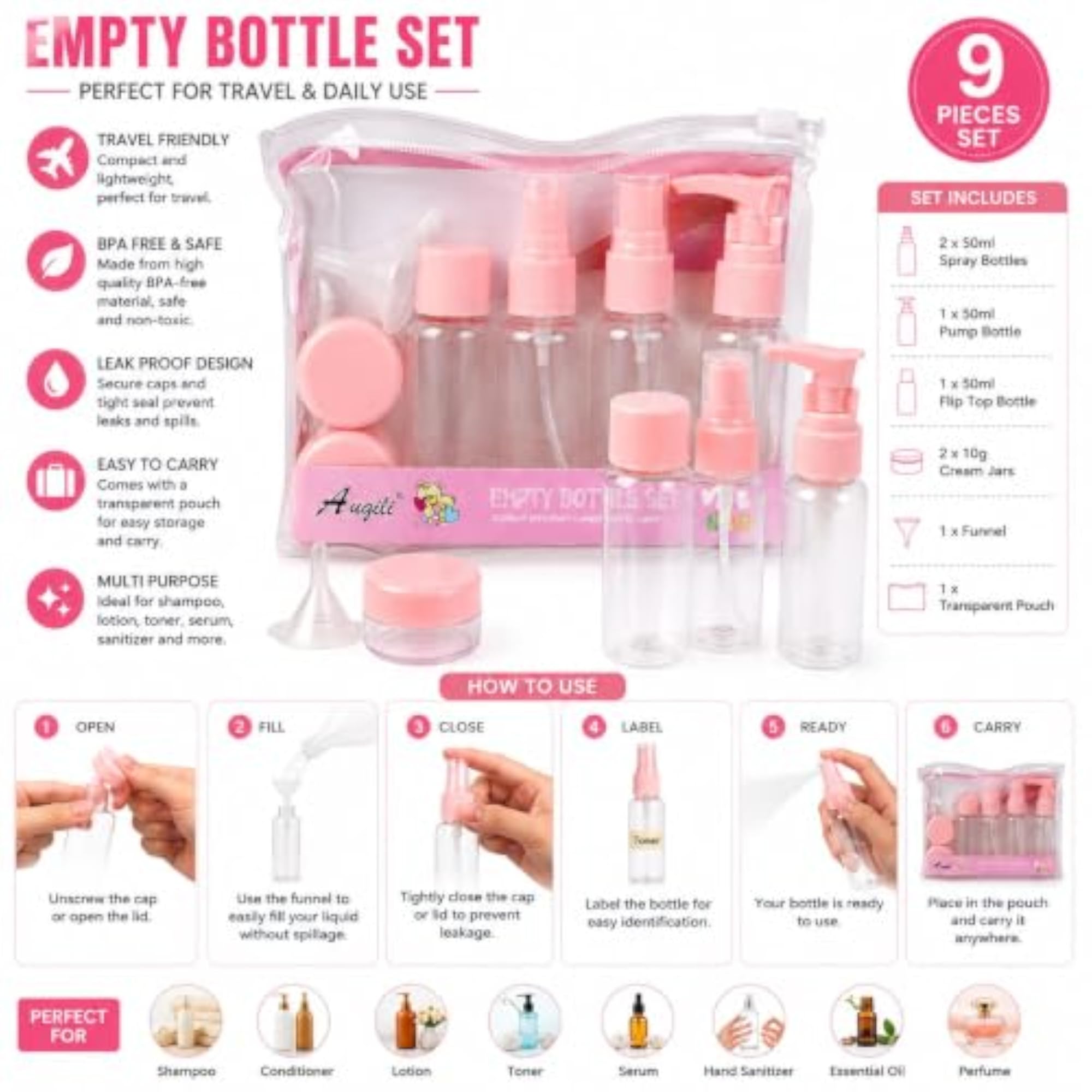Refillable Cosmetic Container Travel Bottles Set, Pink