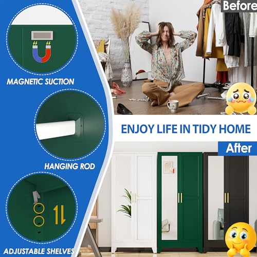 Image of GAIOUS Metal Wardrobe Cabinet with Mirror and Hanging Rod, 71 inch Green