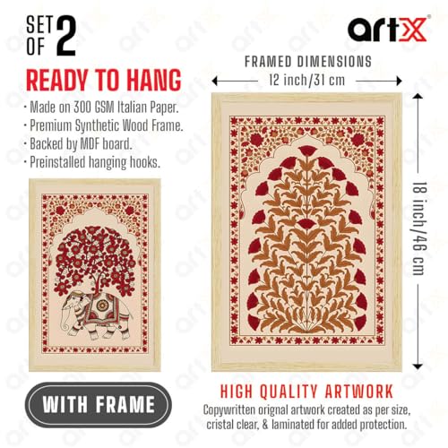 Image of ArtX Paper Elephant Kalamkari Art Paintings with Frame for Home Decor, Floral Wall Painting for Living Room, Multicolor, Natural Wood Color Frames, Set of 2