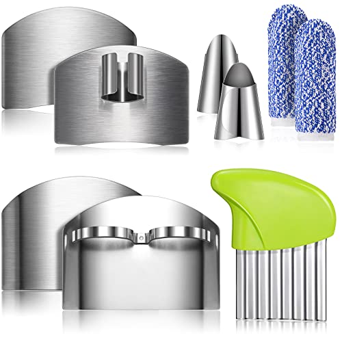 Raiten 9 Pcs Finger Guard Set for Cutting Include 4 Stainless Steel Knife Cutting Protector 2 Thumb Guard Protector 2 Finger Cots Potato Butter Lettuce Crinkle Cutter for Cutting Food to Avoid Hurting