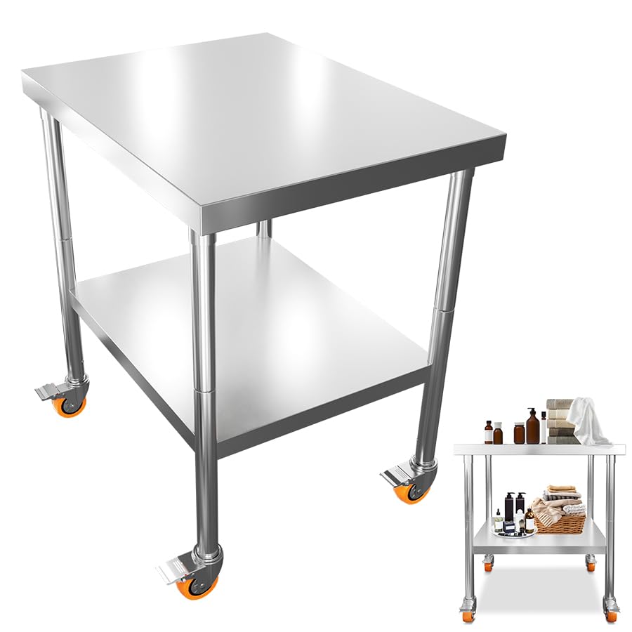 AufuN Mesa de trabajo de acero inoxidable, 61 x 46 x 85 cm, con ruedas y 2 niveles, mesa de trabajo móvil para cocina, comercio, restaurante y hotel, mesa de preparación de alimentos de acero