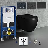Spülrandloses Hänge WC Komplettset I schwarz matt I randloses Wand WC mit Geberit UP320 Spülkasten I Tiefspül WC I Softclose Deckel I Hänge Toilette Sigma Drückerplatte Vorwandelement (Sigma30)