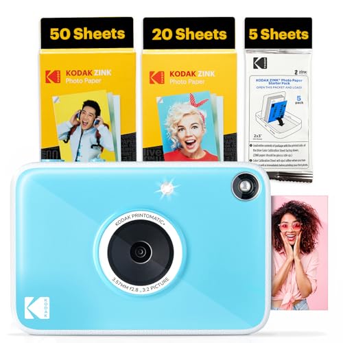 Image of Kodak Printomatic+ Full Color Instant Print Digital Camera (Blue) 75 Sheets Bundle, 10MP, RGB LED Indicator, Prints On Zink 2x3 Sticky-Back Photo Paper