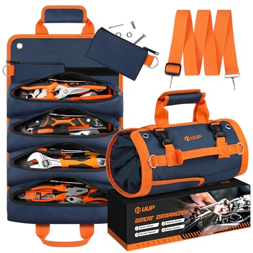 Tool Bag Roll Up, UUP Heavy Duty Rolled Empty Tool Storage Organization, Portable Foldable Rollup Organizer with 2 Small Pouches, Rollable Carrying Toolbag, Dad Men Mechanic Birthday Gift, Blue Orange