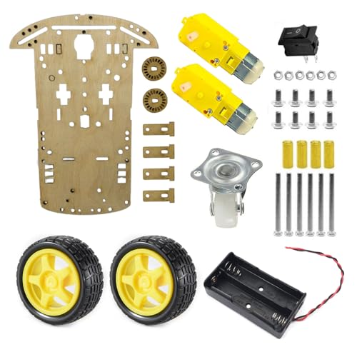 Image of DIY 2-Wheel Wooden Chassis Robotic Car Kit with Dual Motors, Battery Holder, Caster Wheel & Assembly Hardware - Video Instructions Included