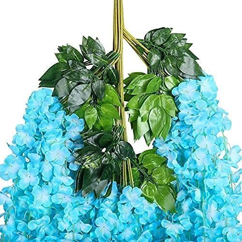 Image of 6 Pcs Artificial Polyester Hanging Flower Wisteria Vines Fake Flowers Vines for Home Party Wedding Garden Outdoor Greenery Decoration (6, Blue)