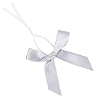 AKLVBL 50 Pack Silver Satin Ribbon Twist Tie Bows for Treat Bags, Gift Bags, Bakery Candy Bags and Package Decorating Ribbon Bow, Bowknot for Gifts