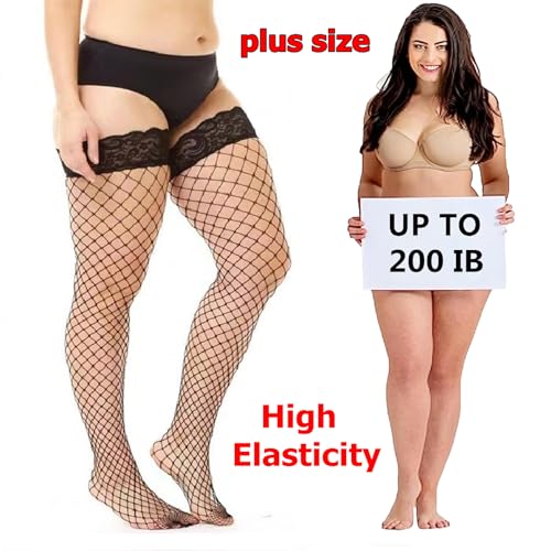 2 Pairs Plus Size Fishnet Stockings for Women,Silicone Lace Thigh High Stockings,Top Sheer Stay Up Lingerie Tights3