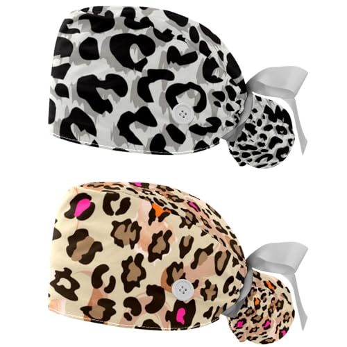 2 Pcs Leopard Unisex Scrub Caps Women with Button Adjustable Hats Surgical Bouffant Caps for Women
