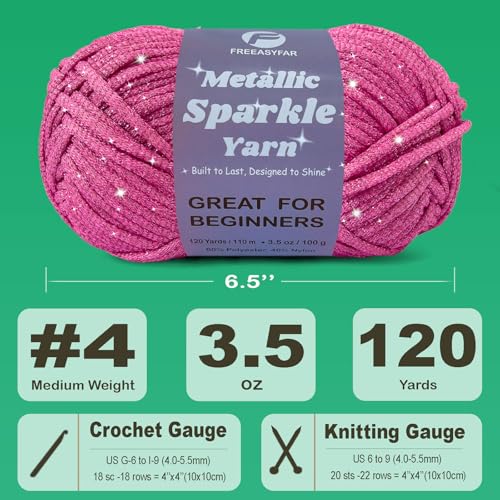 Image of Metallic Sparkle Yarn for Crochet and Knitting with Easy-to-See Stitches, Worsted Weight Medium #4, Beginners Yarn for Amigurumi, Bags, Home Decor (Magenta+Amethyst+Red, 3 Pack)