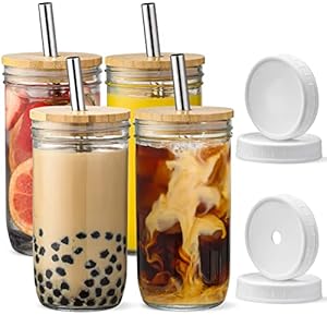 [ 4 Pack ] Glass Cups Set – 24oz Mason Jar Drinking Glasses w Bamboo Lids & Straws 2 Airtight Cute Reusable Boba Bottle, Iced Coffee Glasses, Travel Tumbler for Bubble Tea, smoothie, Juice