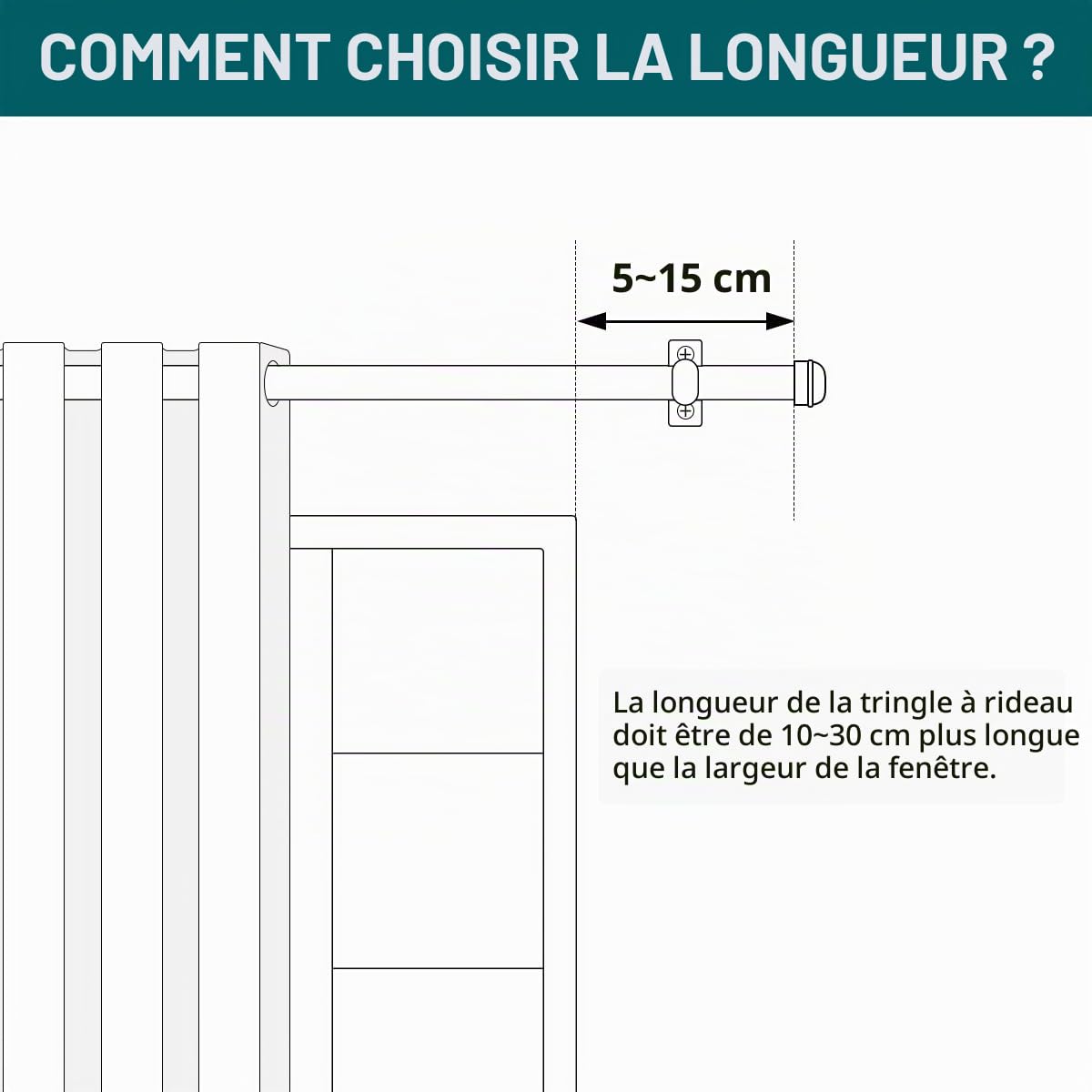 Tringle à rideaux pour fenêtres avec embout rond, 80-300 cm, Tringle à rideaux réglable pour montage au plafond robuste avec supports, Tringle à rideaux murale pour rideaux suspendus