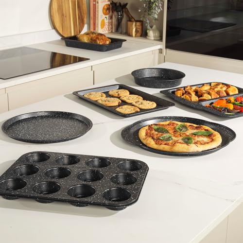 Salter Megastone 5pc Bakeware Set – 6-Cup Muffin Tray, 24cm Round Cake Tin, 27cm Loaf Pan, 37cm Baking Sheet & 36cm Roaster, Non-Stick Carbon Steel, PFOA-Free, Oven Safe Up to 220°C, Easy Clean - Image 4