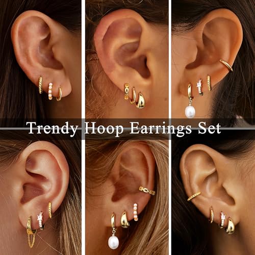 6 Pairs 14K Gold Plated Hoop Earrings for Women Trendy Chunky Hoop Earrings Stack Multipack Huggie Hoops Pearl Chain Dangle Gold Hoop Earrings Set3