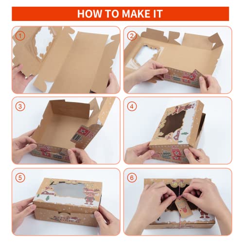 12 Pack Christmas Cookie Boxes, Foldable Treat Box with Window, for Pastries, Cupcakes, Candy and Gift Giving, Food Grade Kraft Bakery Boxes, Reindeer Santa Cookie Boxes, Style A