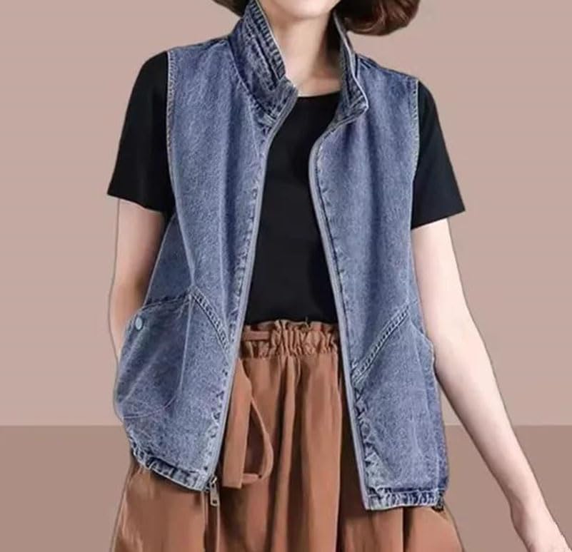 レディース デニムベスト ノースリーブ カーディガン 大きなポケット ショート丈 ウエストコート カジュアル 夏 ゆったり トップス