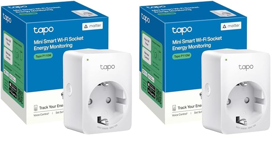 Tapo P110M – Mini Enchufe Inteligente Wi-Fi (con monitoreo de energía), programación Encendido/Apagado, Ahorro de energía, Compatible con Alexa y Google Home (Paquete de 2)