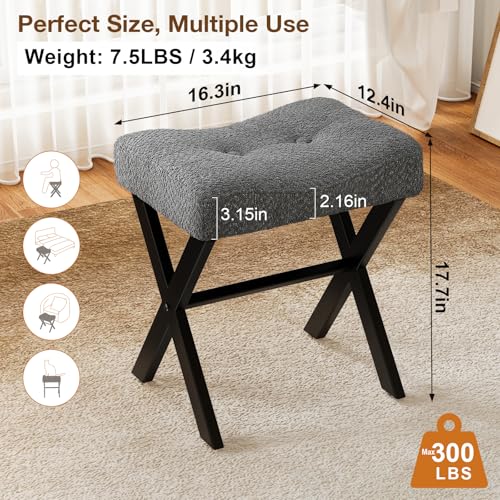 Image of Memobarco 18-Inch Vanity Stool Chair, Vanity Bench with Metal X-Legs, Ottoman Accent Stool with Breathable and Soft Boucle Fabric Saddle Seat, Grey