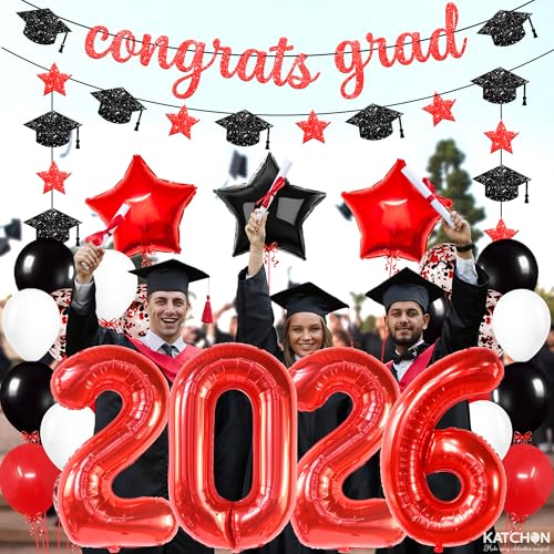 Image of KatchOn, Red and Black Graduation Decorations 2026 - Pack Of 37 | Giant 40 Inch, 2026 Black balloons, Congrats Grad Banner for Graduation Decorations Class of 2026 | 2026 Graduation Party Decorations