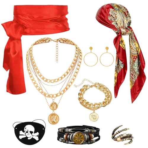 DXLing Juego de 8 Accesorios de pirata para mujer con pañuelo, pañuelo rojo para la cintura, anillo, parche para el ojo de pirata, pendientes, collar y pulseras de pirata para cosplay