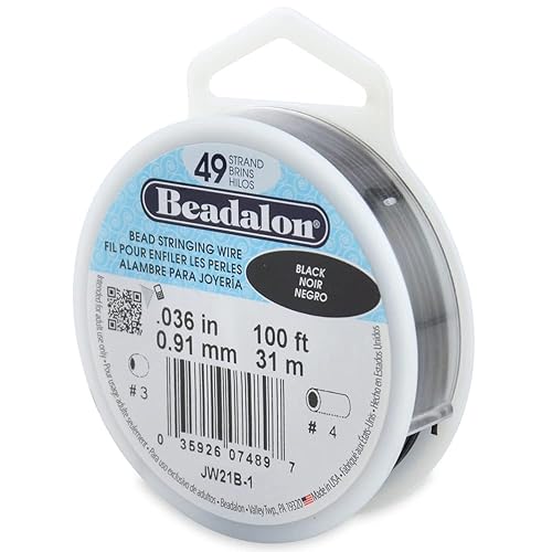 Beadalon Alambre de cuerda de cuentas de acero inoxidable de 49 hebras, 0.036 pulgadas 0.036 in, negro, 100 pies 101.7 ft