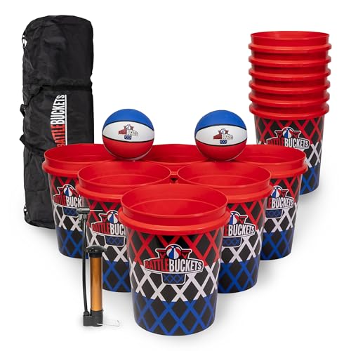 Battle Buckets – Giant Yard Pong and Basketball Game with 12 Buckets, 2 Balls, Carrying Bag, and Air Pump – Outdoor Game for Lawn, Backyard, Beach, and Parties