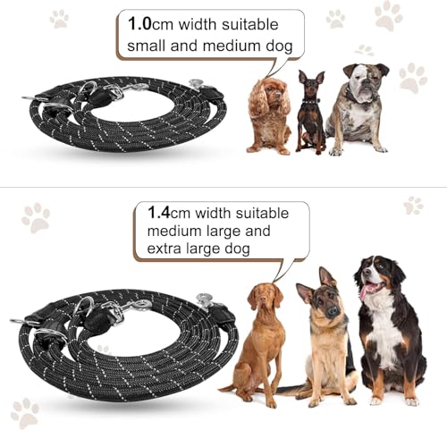 Trhillsbrad Hundeleine 5m x 10mm, 208g, Verstellbare hundeleine jeden Hund, Multifunktionsleine Doppelleine Umhängeleine robust, schwarz