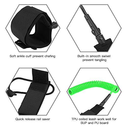 Leeofty 10FT Surf Coiled Leash Prancha Legrope Suave Aço Giratória Surf Perna SUP Paddleboard Corda