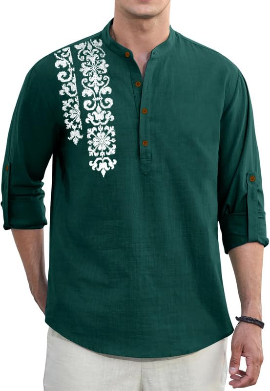 Image of Macsivo Cotton Blend Solid Casual Short Kurta for Men Long Sleeve Mandarin Collar Stylish Shirt Kurta for Men