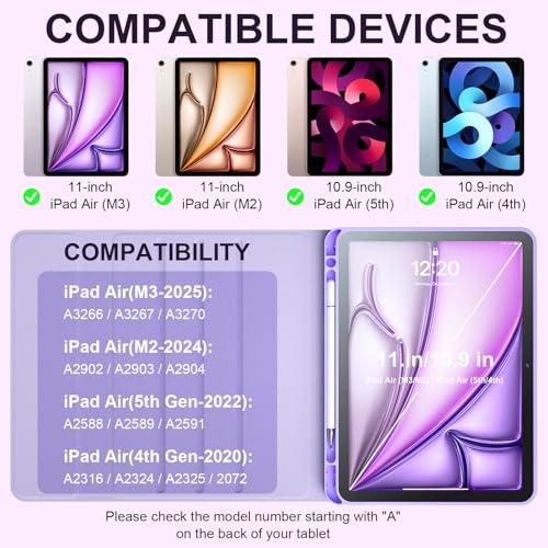 iPad Case with Detachable Bluetooth Keyboard (USB-C Rechargeable) & Stylus Pen for iPad Air 11" (M2/M3 2024/2025) air 4th/5th - Slim Protective Cover with Pencil Holder, Multi-Angle Stand,Purple - Image 3