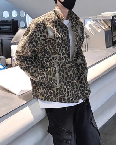 Mens Teen Boys Leopard Printed Jean Jacket Distressed Ripped Long Sleeve Cowboy Denim Jacket Coats Fall Outwear3
