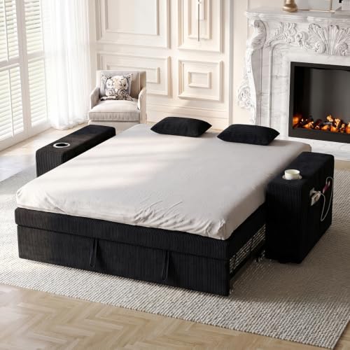 Image of 63 Inch Sleeper Sofa Bed, 3 in 1 Pull Out Couch Bed with Reclining Backrest, Small Loveseat with Wide Armrest | USB Charging | Side Pockets | Cup Holders | Tool Free Assembly, Corduroy Black