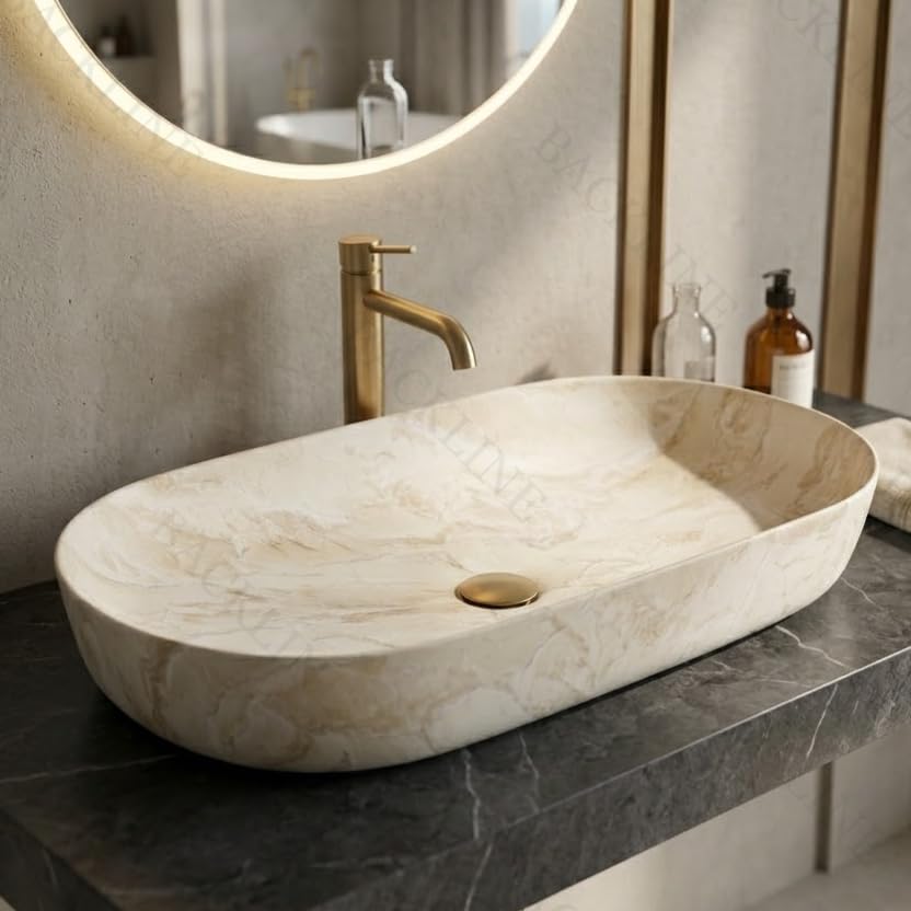 Image of Backline Ceramic 31.5 Inch Table Top Wash Basin | Big Size Basin | Counter Top Basin For Bathroom & Living Room 31.5 X 15 X 5 Inches (Matt Beige Marble Finish)(5 years warranty)