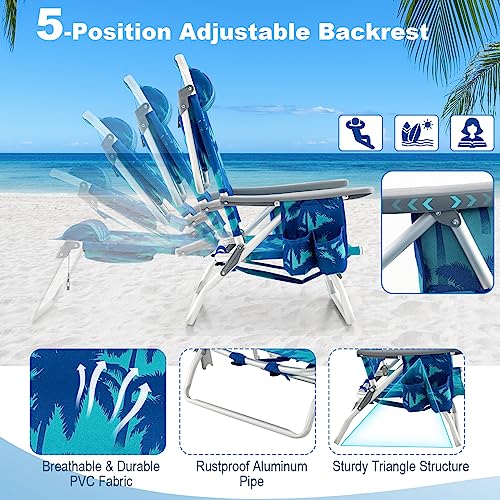 Image of Giantex Folding Beach Chair, Patio Sling Chairs with 5 Adjustable Position, Head Pillow, Storage Bag, Towel Bar, Cup Holders, Backpack Chairs for Sunbathing, Camping Chair