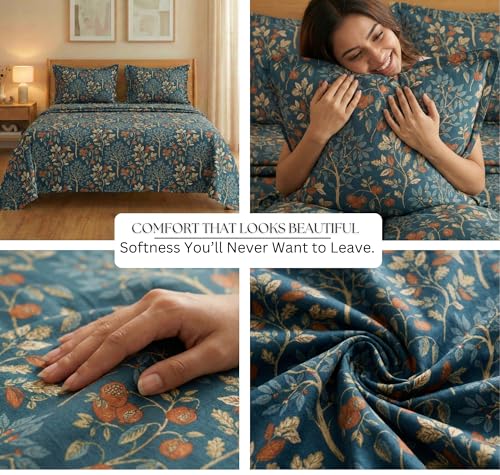 Image of VAS COLLECTIONS 160 TC Cloud Cotton Double Bed Cotton Bedsheet Set (228x254 cm) with 2 Pillow Covers | Soft, Breathable Floral Printed Bedding for Bedroom, Home & Hotel (Royal Teal Print)