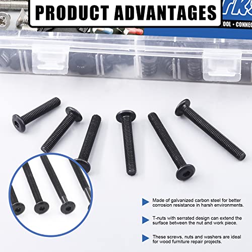 Glarks 181Pcs M6x30/40/50/60/70/80mm Lit de bébé noir Vis de lit Kit d'assortiment Bouchons de bonnet hexagonale avec T-Nuts, rondelles plates, inserts filetés et clé Allen pour le matériel de meubles en bois