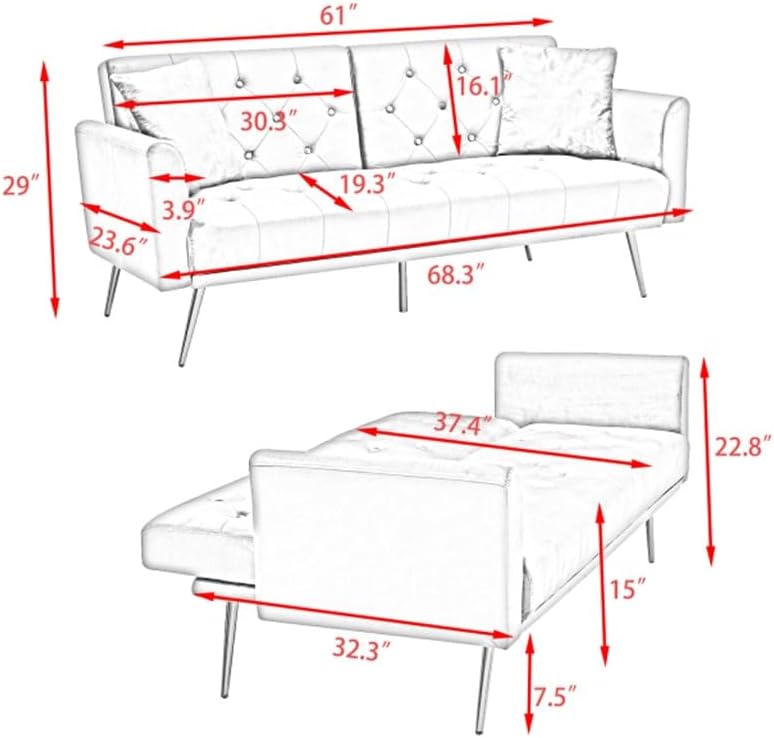 68.3" Beige Velvet Nail Sofa Bed with Throw Pillow and Midfoot for Indoor Living Room Furniture