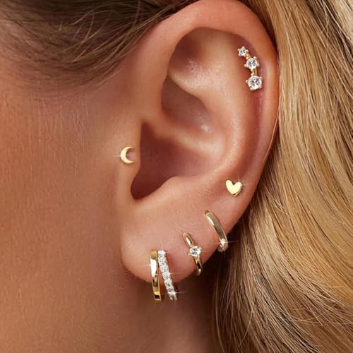 Small Gold Hoop Earrings for Women Dainty Gold Earrings, 14K Gold Plated Hypoallergenic Stud Earrings Set Cartilage Earrings for Multiple Piercing for Women2