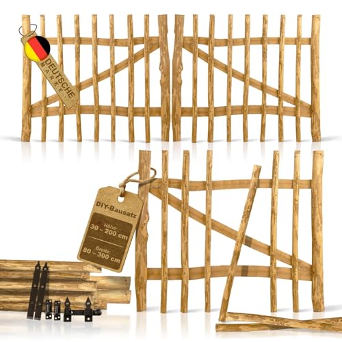 BooGardi Gartentor Holz Bausatz · 168 Größen bis 3m · Breite 150 cm Höhe 120 cm Lattenabstand 3-5 cm · Staketentor Haselnuss · Einflügeltor · Gartentür