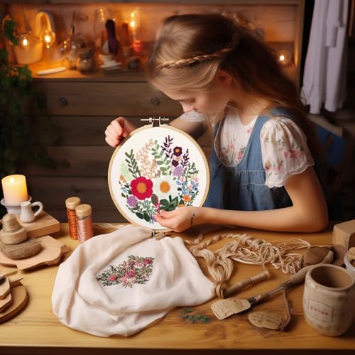 Image of Bonroy 4 Sets Embroidery Kit for Beginners with Instructions,Cross Stitch Kits for Adults with Pattern,Needlepoint Kits for Adult Include Embroidery Cloth Hoops Needles Threads