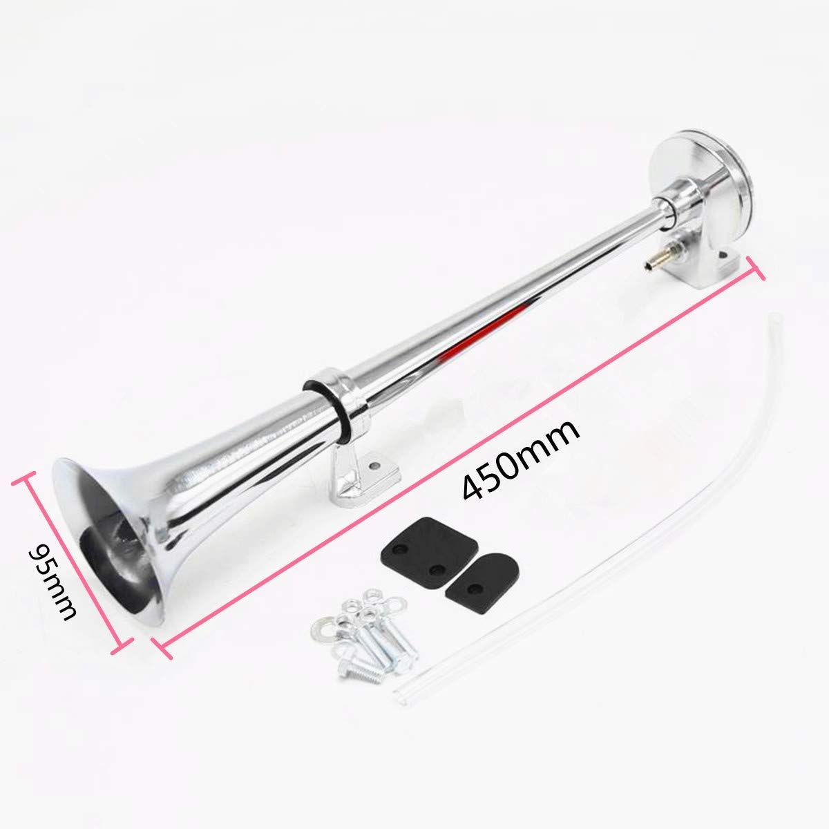 Air Horn Lufthorn 24V Autohupe 150dB Silber 45cm Lautsprecher Chrom Zink Single Trumpet mit Kompressor Luftpumpe für alle 24V Autos LKW Zugboot Motorrad
