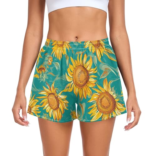 EtherSpher Cartoon Sunflower Star Teal Yellow Womens Athletic Shorts Loose&Comfy Girls Swim Shorts for Biking Lounging Jogging Beach Shores deportivos para Mujer L