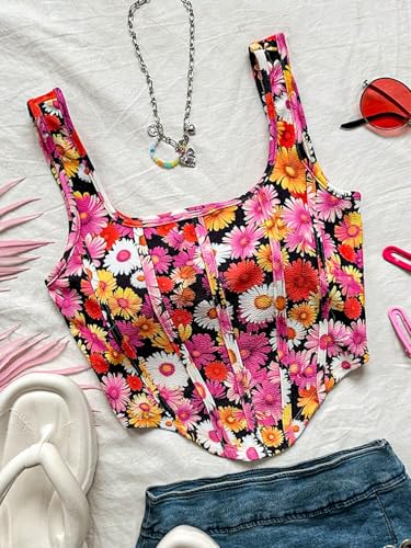Image of mikuchiku Women's Floral Corset Tank Top, Printed, Sleeveless Crop Top