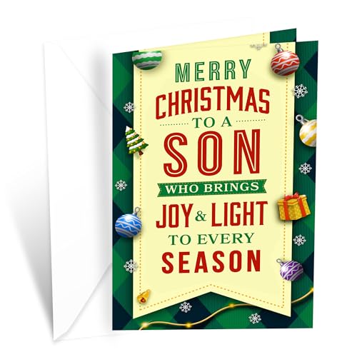 Prime Greetings Son Christmas Card, Made in America, Eco-Friendly, Thick Card Stock with Premium Envelope 5in x 7.75in, Packaged in Protective Mailer