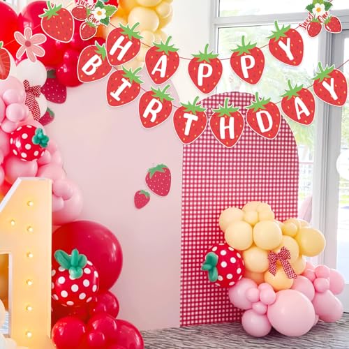 Image of SUNBEAUTY Strawberry Happy Birthday Banner, Berry Sweet Red Fruit Party Hanging Banner, Strawberry Birthday Decorations for Girls 1st Birthday Baby Shower Party Decoration | Pre-Strung