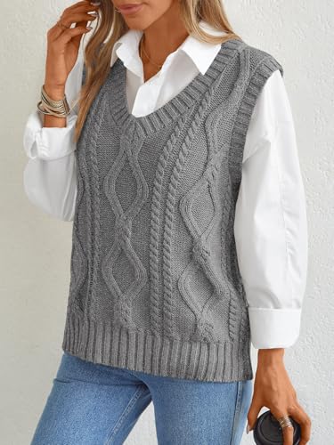 Trendy Queen Women' s Oversized V Neck Sweater Vest Sleeveless Cable Knit Casual Pullover Tops3